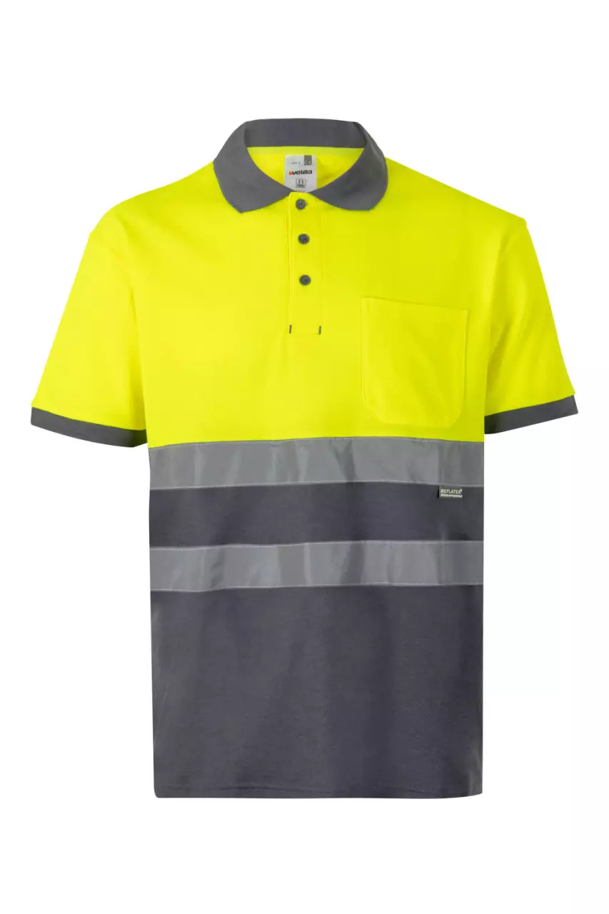Velilla 305513-08-20-1, High-Vis Short Sleeve Polo Shirt, Grey/Hi-Vis Yellow, image 1, gallery thumbnail