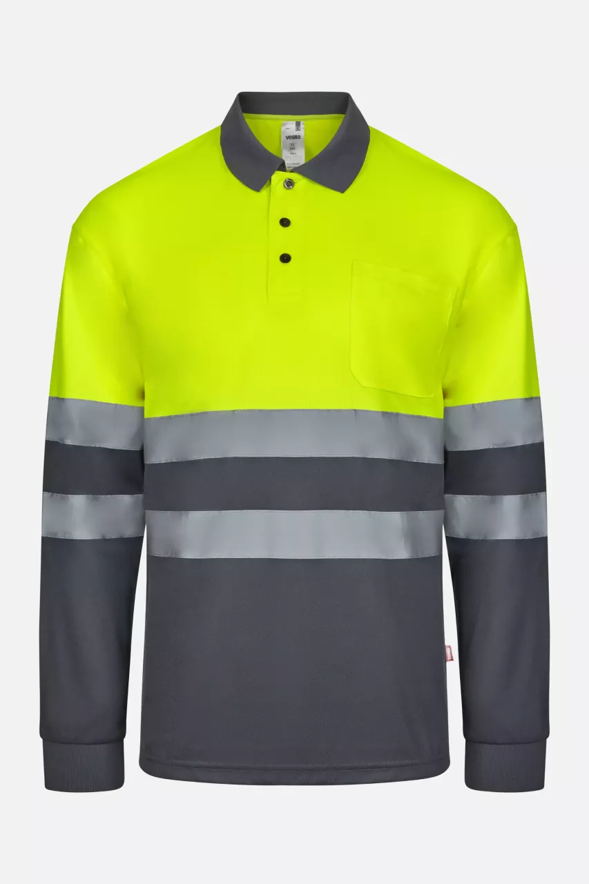 Velilla 305507-08-20, High-Vis Long Sleeved Polo Shirt, Grey/Hi-Vis Yellow, image 1, gallery thumbnail
