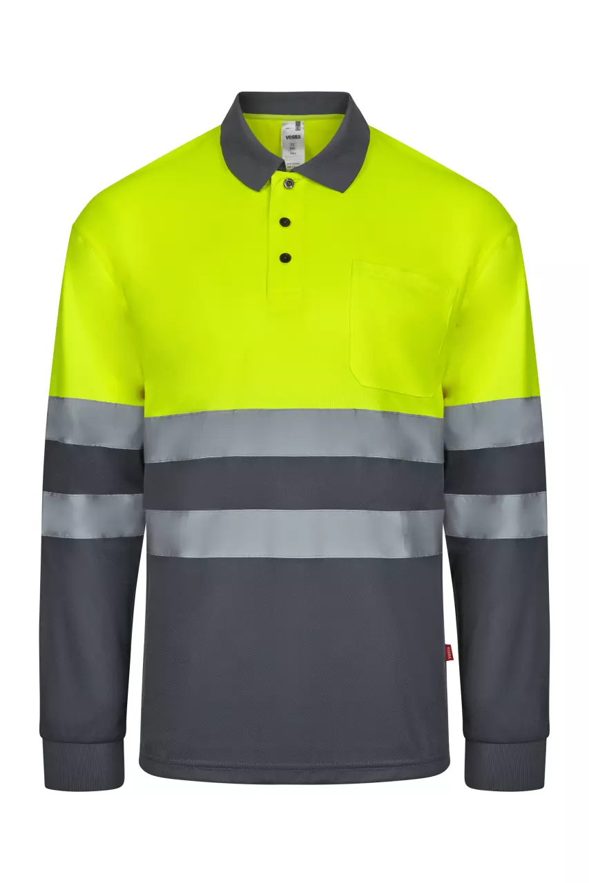 Velilla 305507-08-20, High-Vis Long Sleeved Polo Shirt, Grey/Hi-Vis Yellow