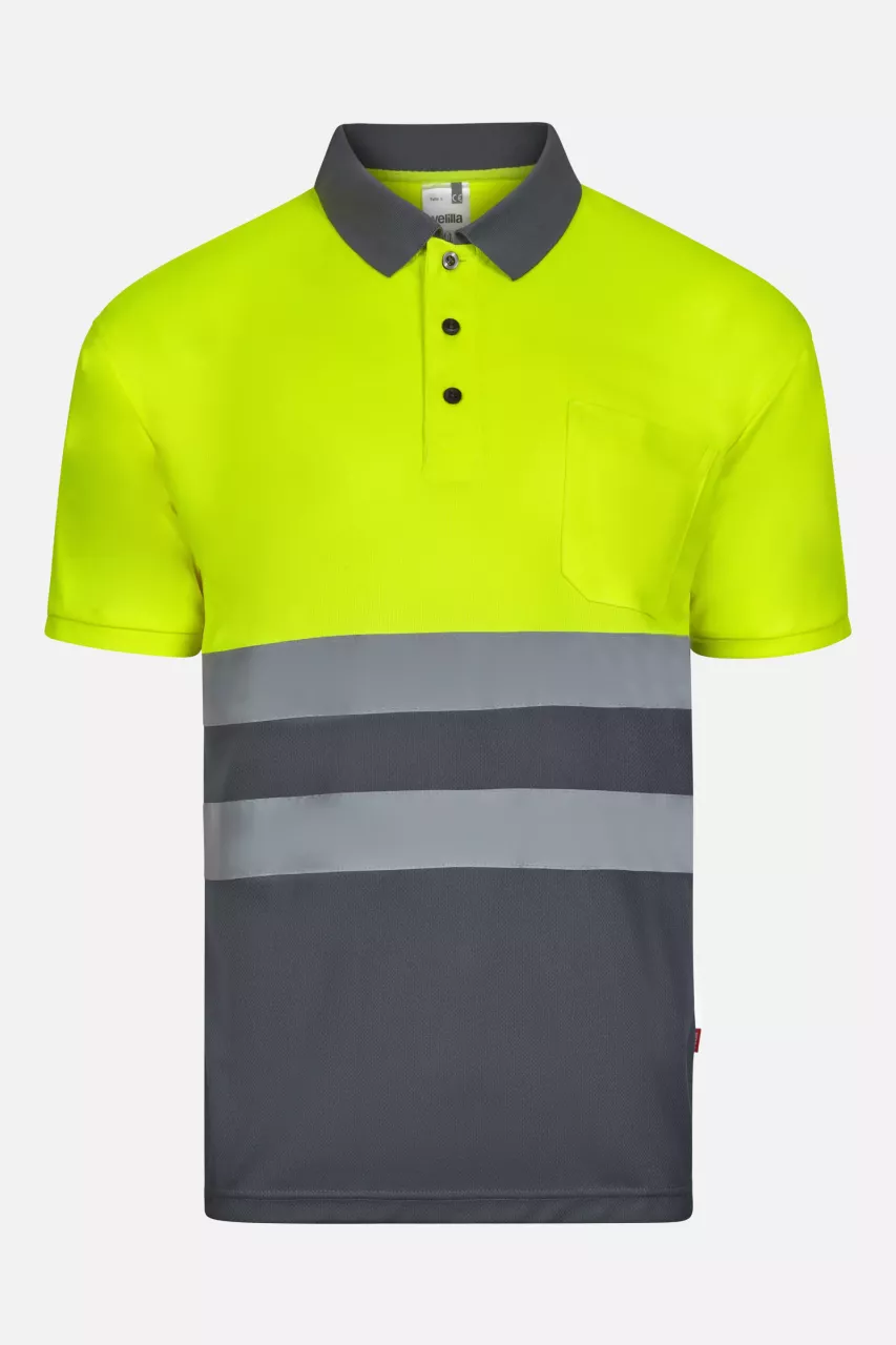Velilla 305504-08-20, High-Vis Short Sleeve Polo Shirt, Grey/Hi-Vis Yellow, image 1, gallery thumbnail