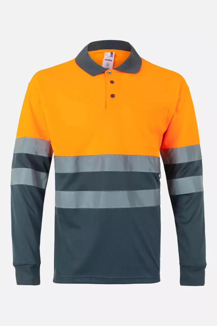 Velilla 0175-08-19-2, High-Vis Long Sleeved Polo Shirt, Size 4XL/5XL, Grey/Hi-Vis Orange, image 1, gallery thumbnail