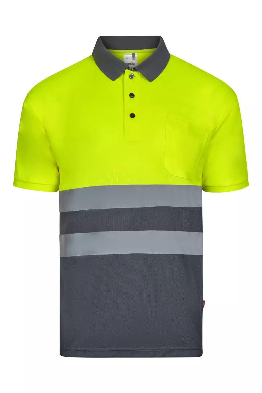 Velilla 305504-08-20, High-Vis Short Sleeve Polo Shirt, Grey/Hi-Vis Yellow, image 1, gallery thumbnail