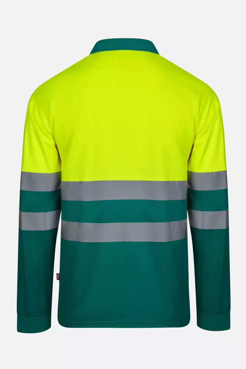 Velilla 305507-02-20, High-Vis Long Sleeved Polo Shirt, Green/Hi-Vis Yellow, image 2, gallery thumbnail