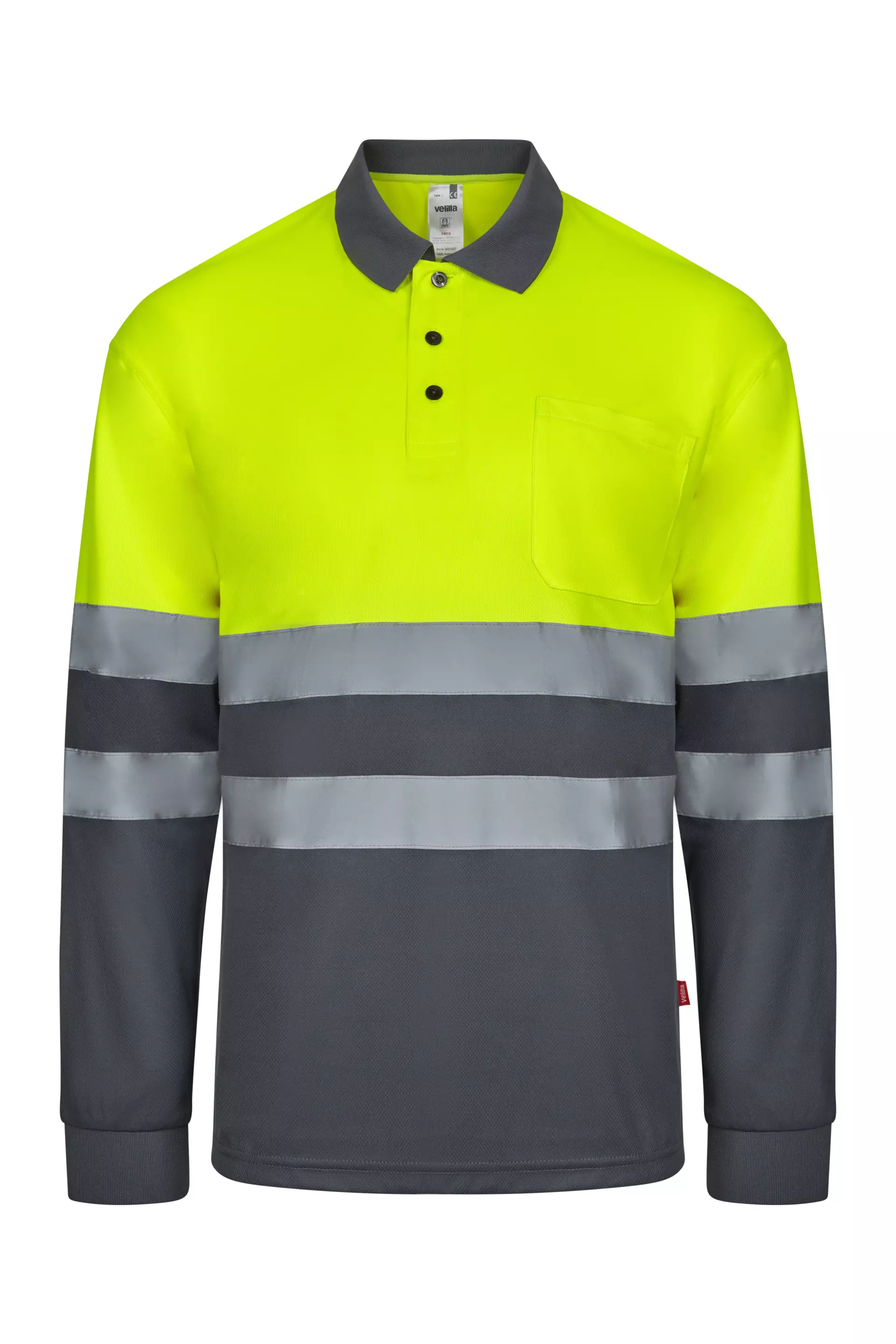 Velilla 305507-08-20, High-Vis Long Sleeved Polo Shirt, Grey/Hi-Vis Yellow