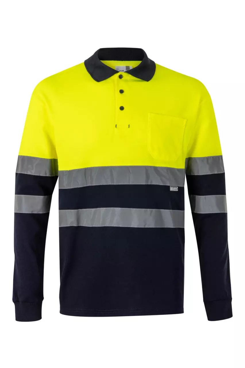 Velilla 305515-61-20, High-Vis Long Sleeved Polo Shirt, Navy Blue/Hi-Vis Yellow, image 1, gallery thumbnail