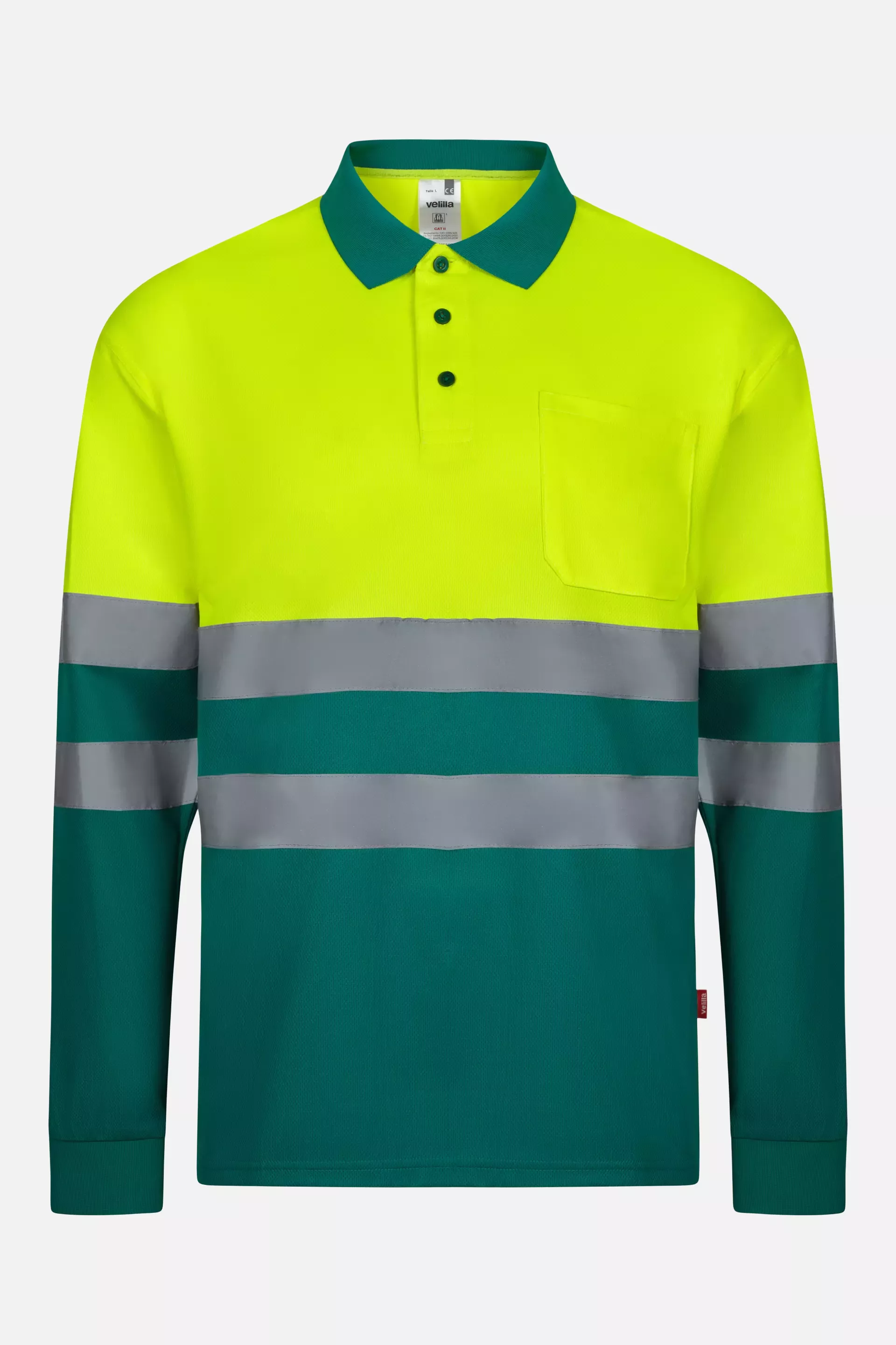 Velilla 305507-02-20, High-Vis Long Sleeved Polo Shirt, Green/Hi-Vis Yellow, image 1