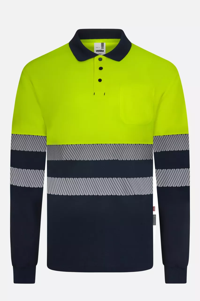Velilla 305535-61-20, High-Vis Long Sleeved Polo Shirt, Navy Blue/Hi-Vis Yellow, image 1, gallery thumbnail