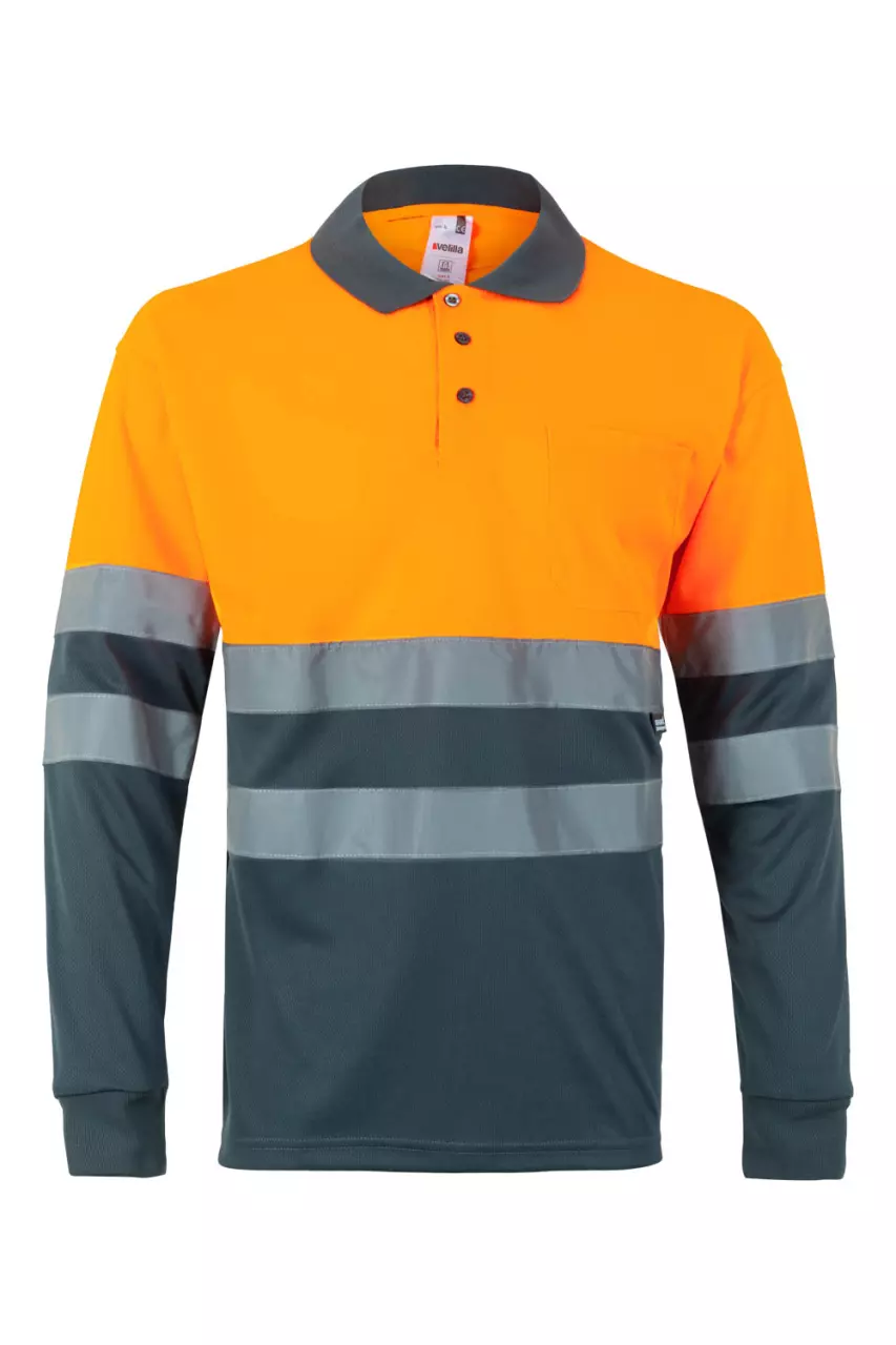 Velilla 0175-08-19-2, High-Vis Long Sleeved Polo Shirt, Size 4XL/5XL, Grey/Hi-Vis Orange