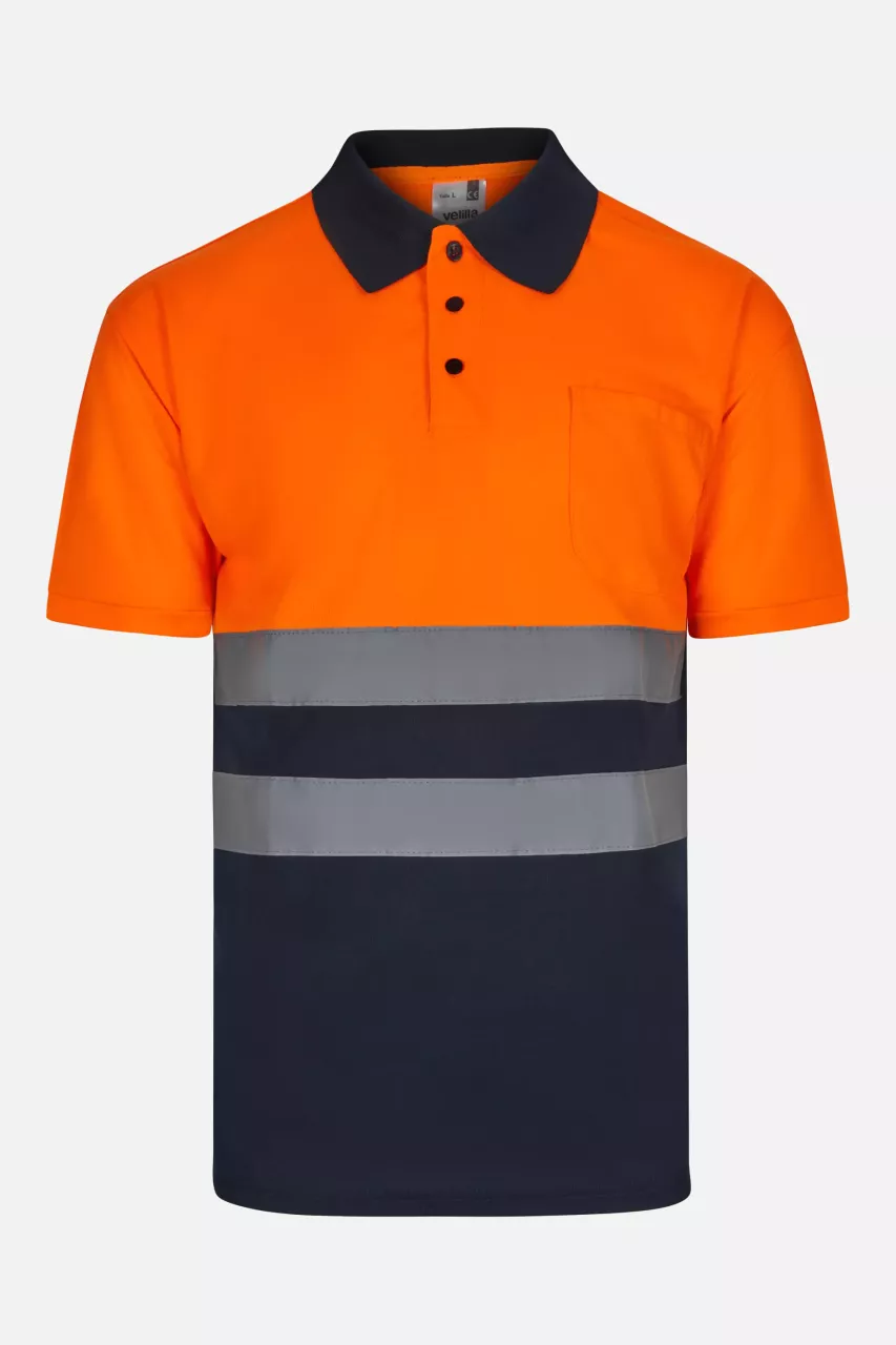 Velilla 305504-01-19, High-Vis Short Sleeve Polo Shirt, Marine Blue/Hi-Vis Orange, image 1, gallery thumbnail