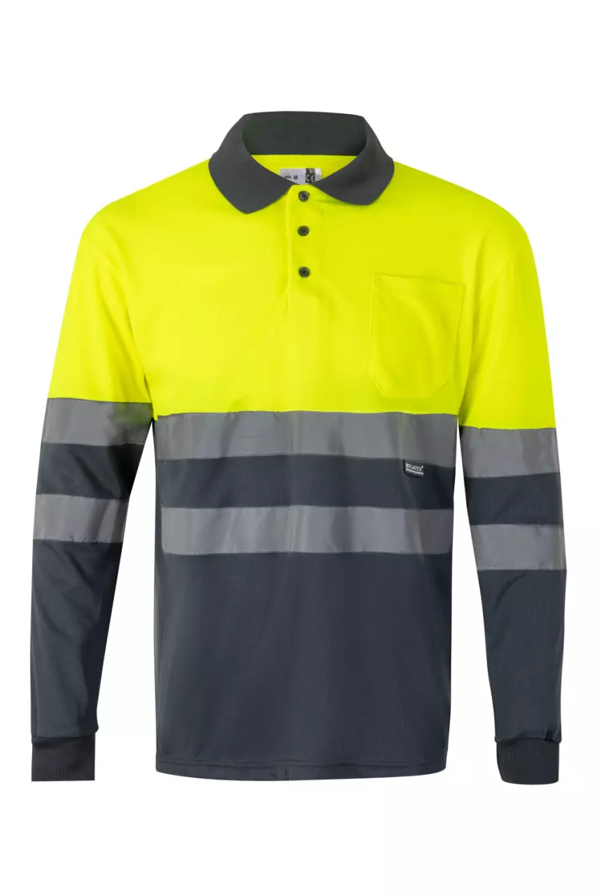 Velilla 0175-08-20-2, High-Vis Long Sleeved Polo Shirt, Size 4XL/5XL, Grey/Hi-Vis Yellow