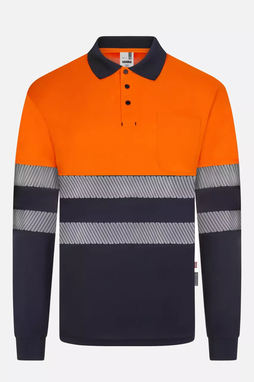 Velilla 305535-61-19-1, High-Vis Long Sleeved Polo Shirt, Navy Blue/Hi-Vis Orange, image 1, gallery thumbnail