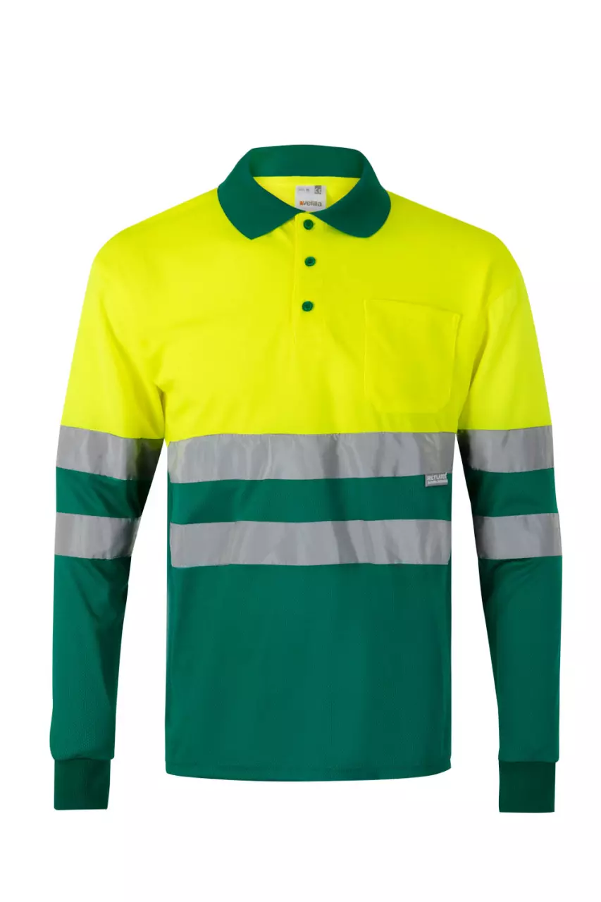 Velilla 0175-02-20-1, High-Vis Long Sleeved Polo Shirt, Green/Hi-Vis Yellow, image 1, gallery thumbnail