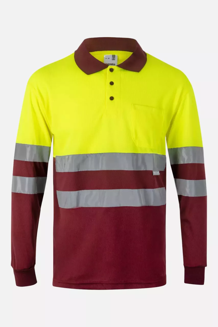 Velilla 175-18-20, Warnschutz-Langarm-Poloshirt, Bordeauxrot/Warngelb, image 1, gallery thumbnail