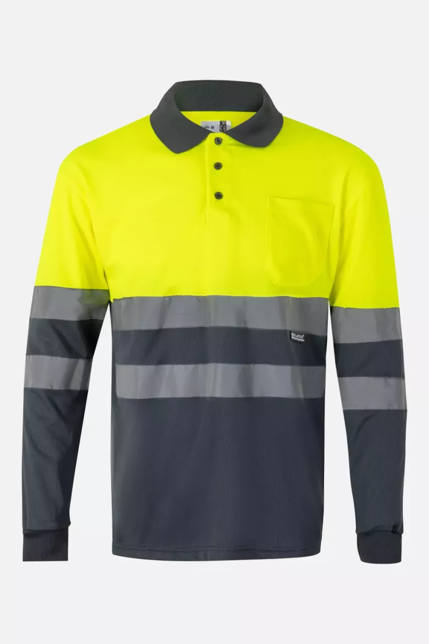 Velilla 0175-08-20, High-Vis Long Sleeved Polo Shirt, Grey/Hi-Vis Yellow, image 1, gallery thumbnail