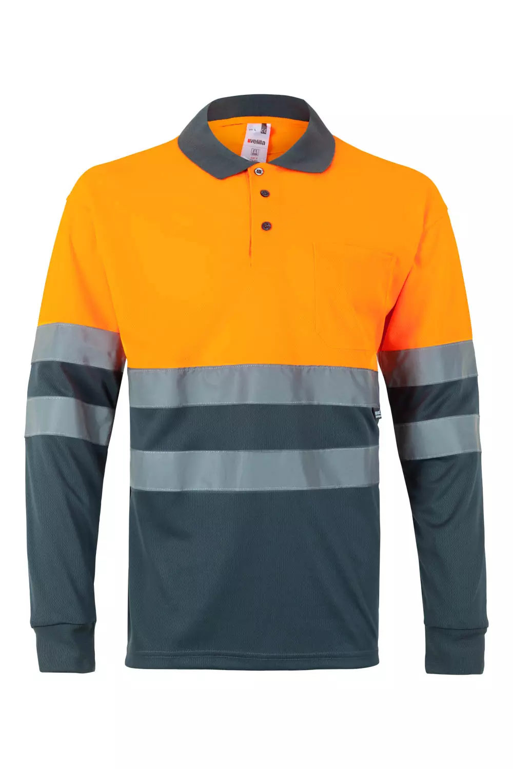 Velilla 0175-08-19-2, High-Vis Long Sleeved Polo Shirt, Size 4XL/5XL, Grey/Hi-Vis Orange