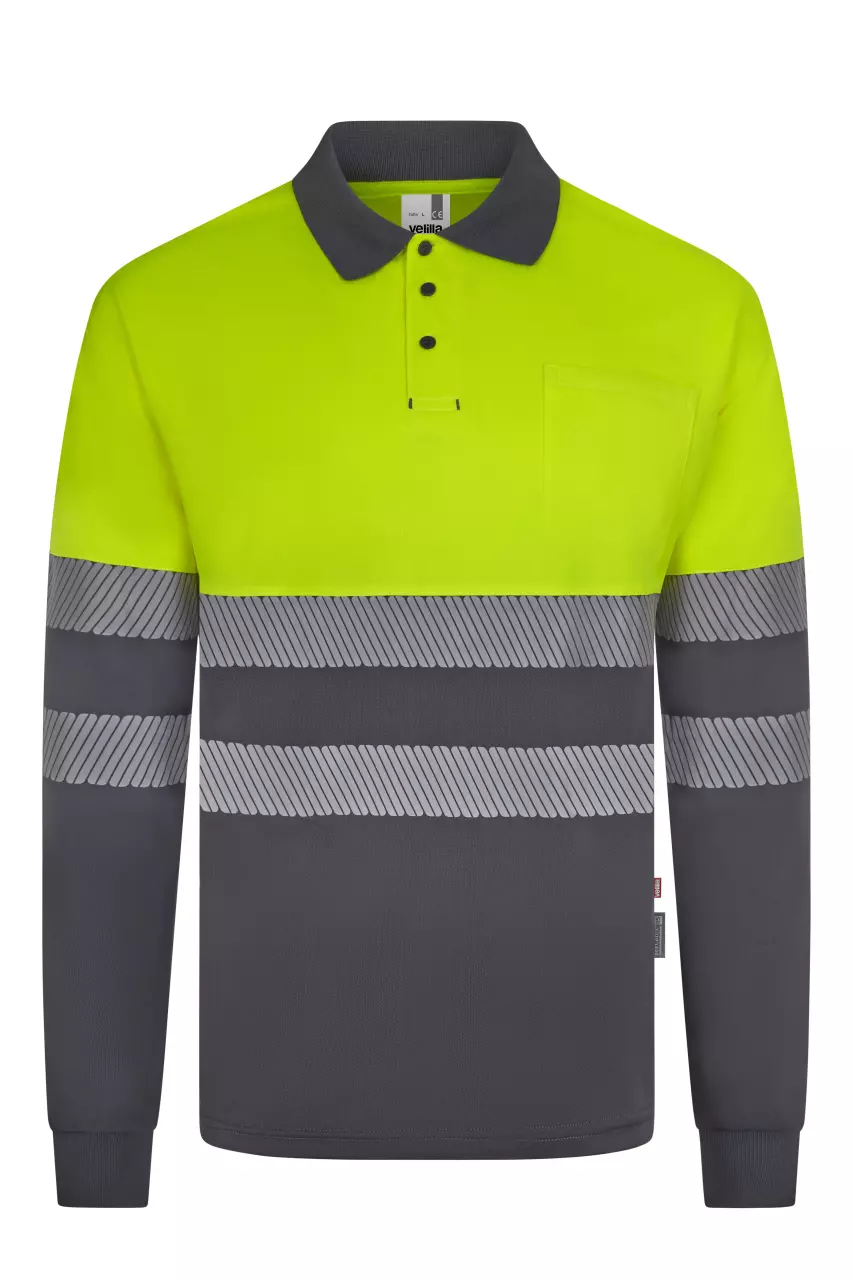 Velilla 305535-08-20-2, High-Vis Long Sleeved Polo Shirt, Size 4XL/5XL, Grey/Hi-Vis Yellow, image 1, gallery thumbnail
