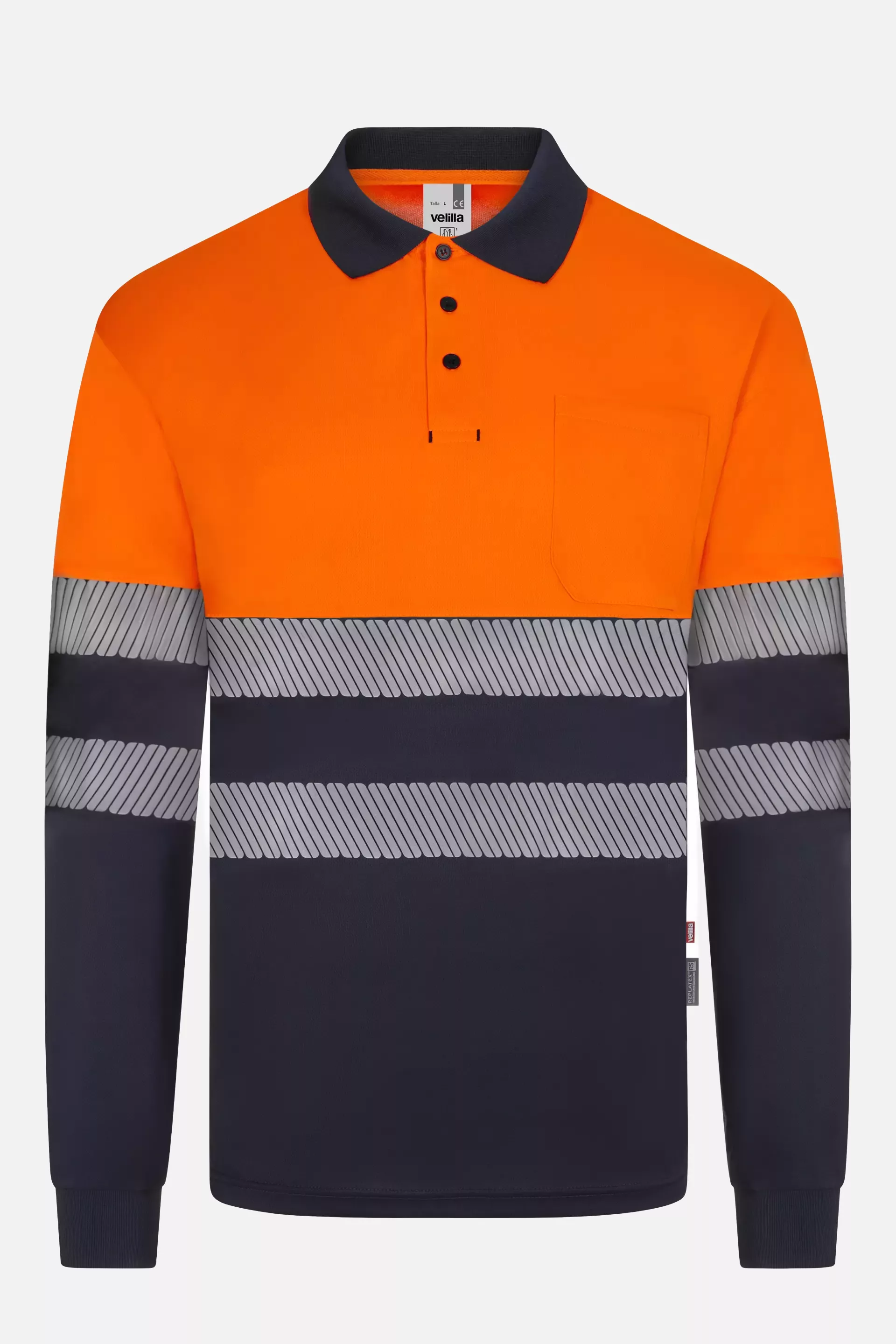 Velilla 305535-61-19-2, High-Vis Long Sleeved Polo Shirt, Size 4XL/5XL, Navy Blue/Hi-Vis Orange, image 1