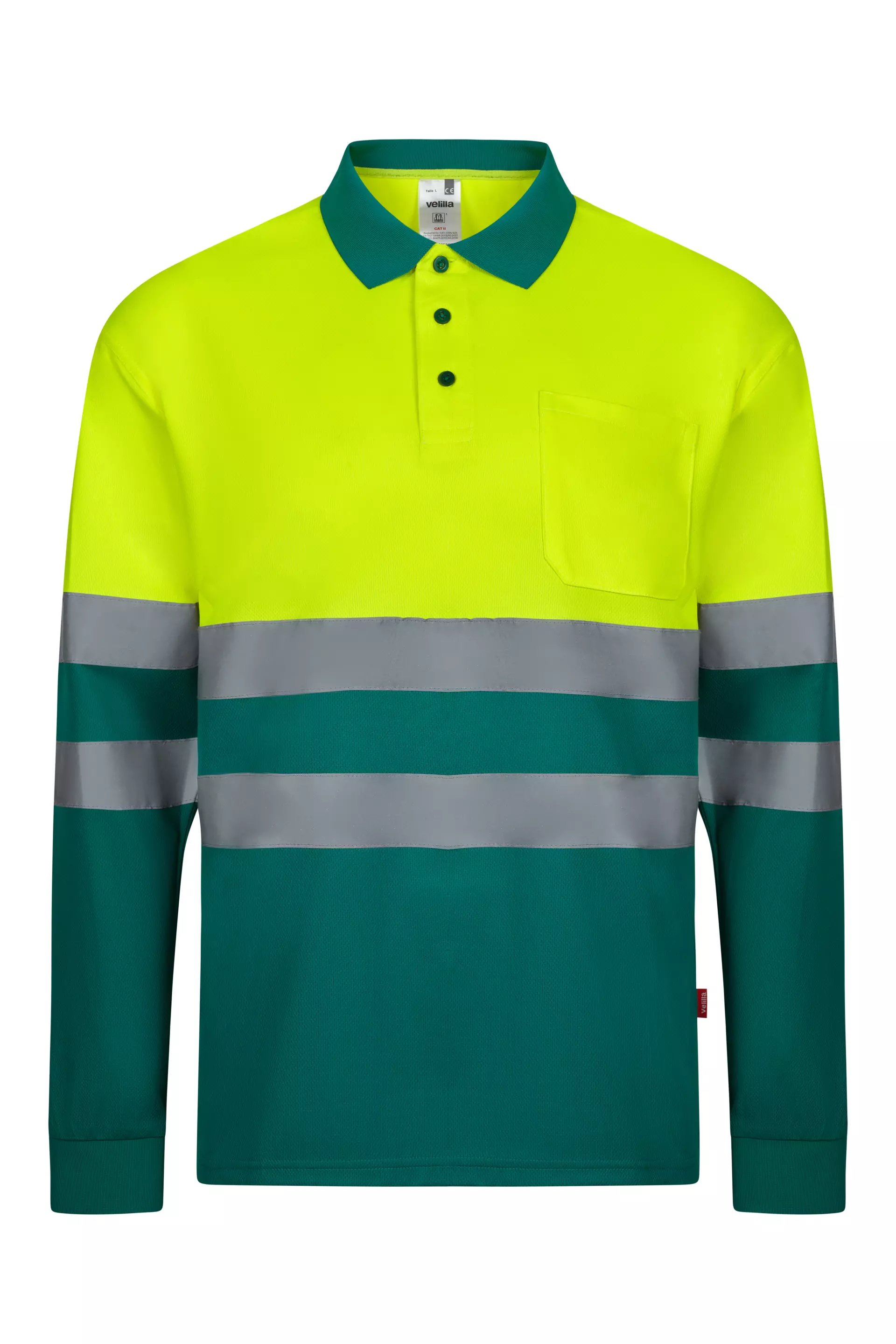Velilla 305507-02-20, High-Vis Long Sleeved Polo Shirt, Green/Hi-Vis Yellow