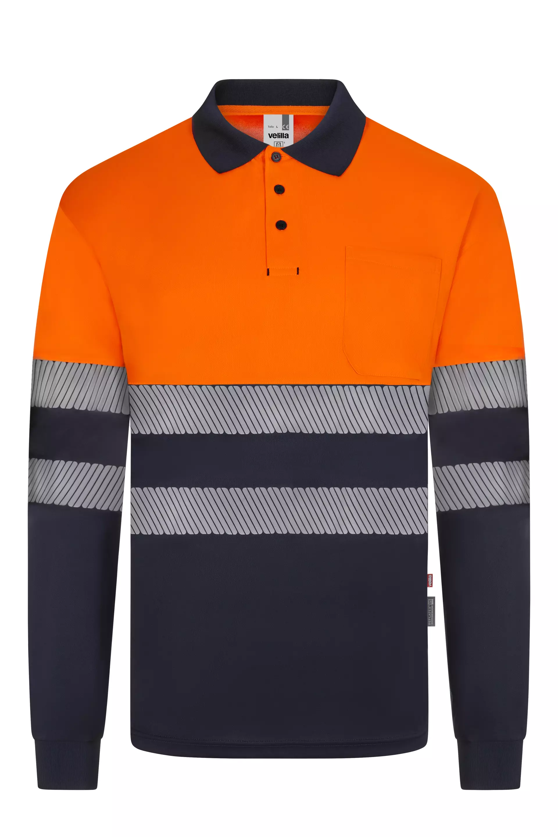 Velilla 305535-61-19-2, High-Vis Long Sleeved Polo Shirt, Size 4XL/5XL, Navy Blue/Hi-Vis Orange, image 1
