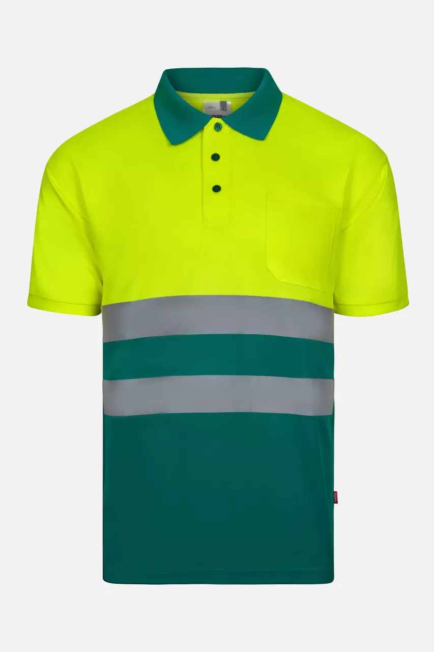 Velilla 305504-02-20, High-Vis Short Sleeve Polo Shirt, Green/Hi-Vis Yellow, image 1, gallery thumbnail