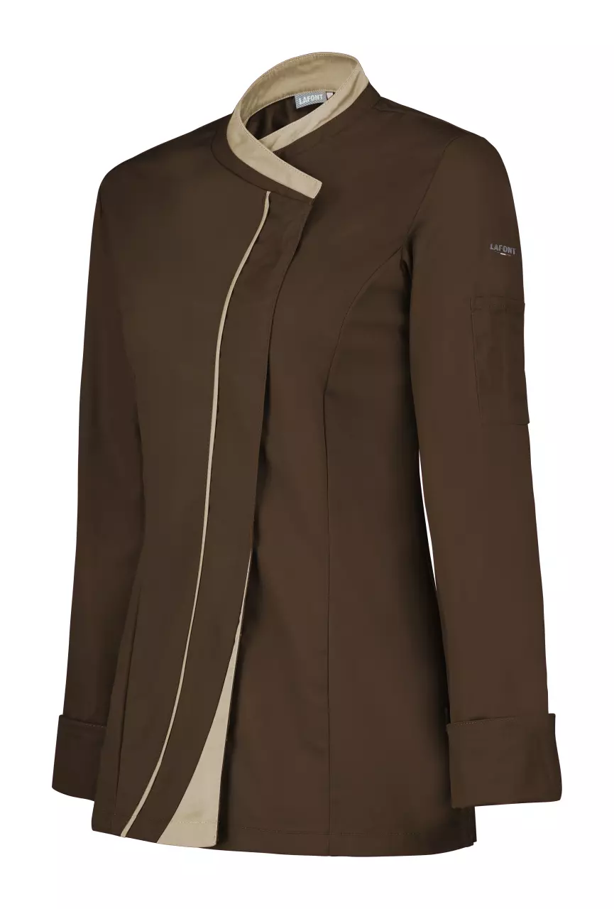 LaFont 2SAFCP-HSF-GXT, Saffron Ladies' Chef Jacket, Chocolate/Beige, image 1, gallery thumbnail