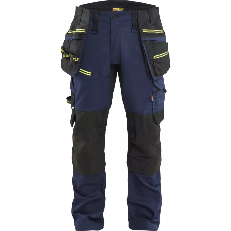 Blaklader 197011498633, STRIKER Craftsman Work Trousers with Stretch, Dark Navy/High Vis Yellow, image 1, gallery thumbnail