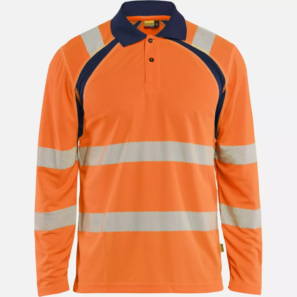 Blaklader 359810135389, High Vis UV Protection Long Sleeve Polo Shirt, Orange/Navy Blue, image 1, gallery thumbnail