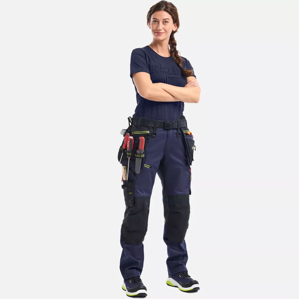 Blaklader 717011498633, STRIKER Women's Craftsman Work Trousers Stretch, Dark Navy/High Vis Yellow, image 10, gallery thumbnail