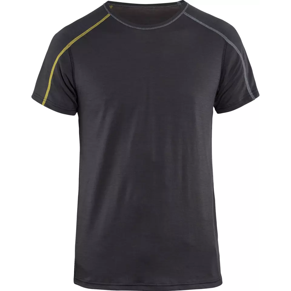 Blåkläder 479817349835, XLIGHT Short-Sleeved Base Layer Shirt, 100% Merino Wool, Dark Gray/Yellow, image 1, gallery thumbnail