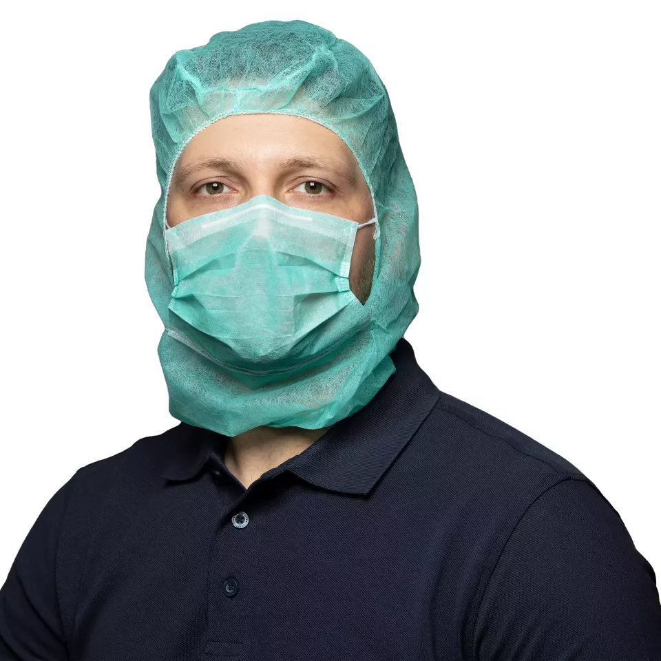 Nitras Medical 4021, Astro caps with integrated 2-ply face mask with nosepiece, green, image 1, gallery thumbnail