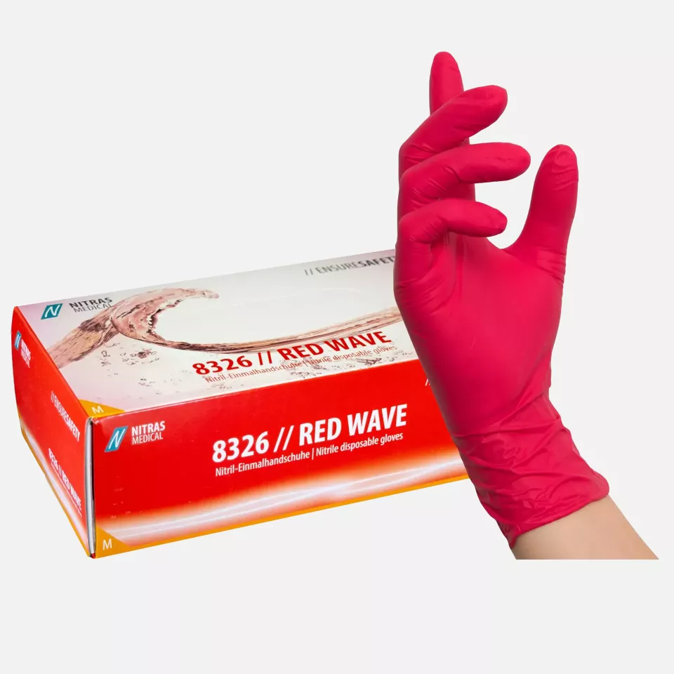 Nitras Medical 8326, RED WAVE nitrile disposable gloves, red, image 1, gallery thumbnail