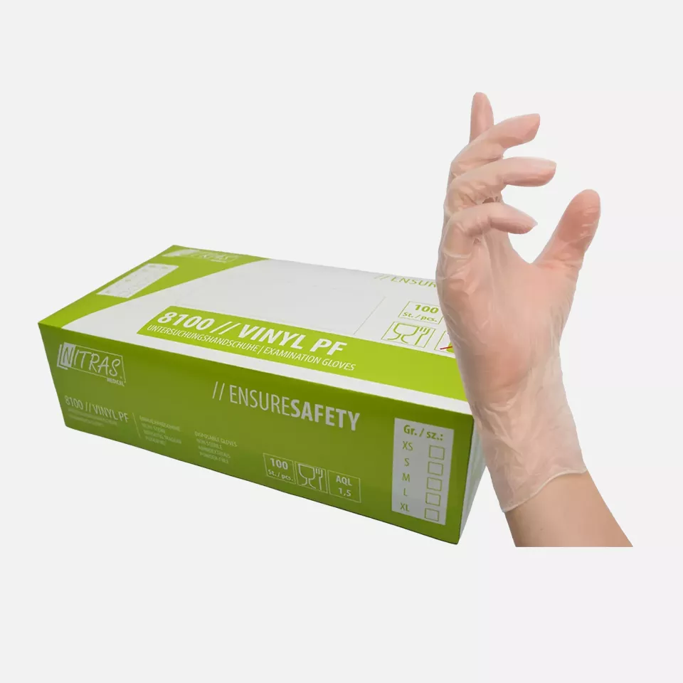 Nitras Medical 8100, VINYL PF vinyl disposable gloves, transparent, image 1, gallery thumbnail