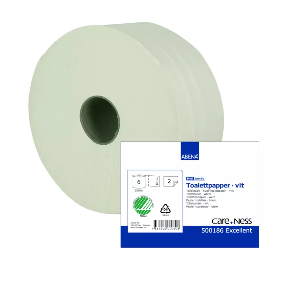 Abena 500186, Toilet Paper Jumbo Midi 2-Ply White 300m/Roll, image 1, gallery thumbnail