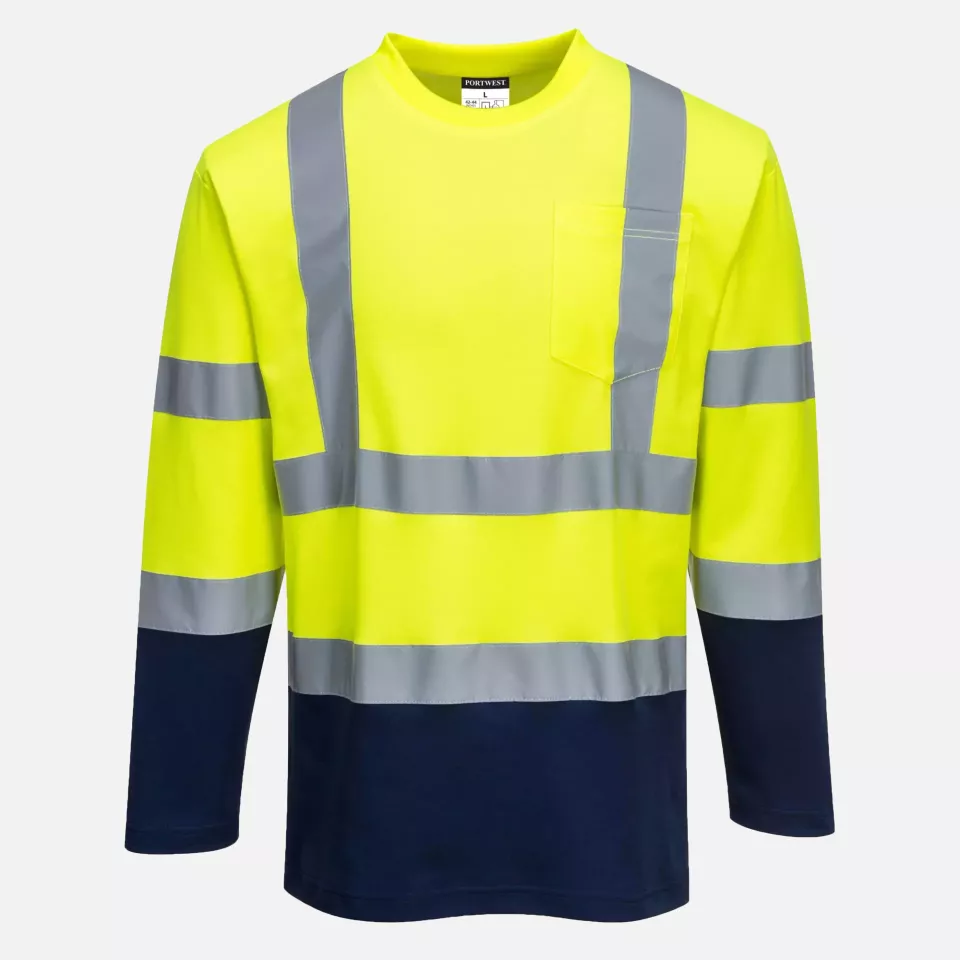 Portwest S280YNR, Hi-Vis Cotton Comfort Contrast T-Shirt L/S, Yellow/Navy, image 1, gallery thumbnail