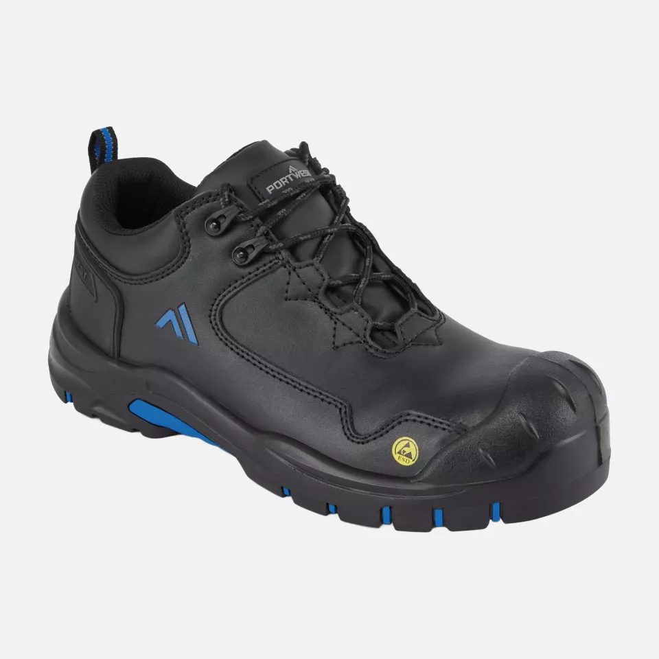 Portwest FC19BKB, Composite Action Leather Low Shoe S3S ESD HRO SR SC FO, Black/Blue, image 3, gallery thumbnail