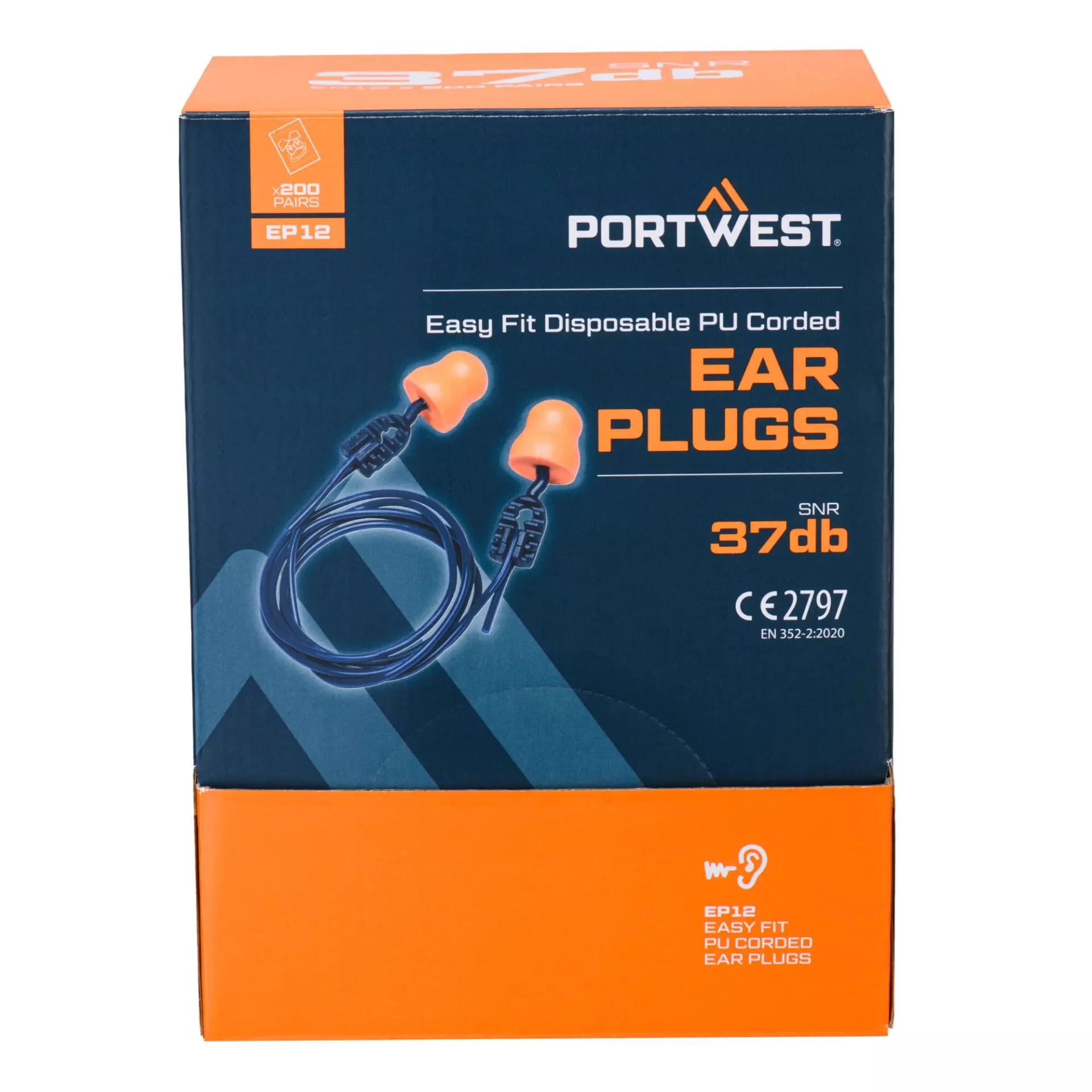Portwest EP12ORR, Easy Fit PU Ear Plugs Corded, Orange, image 2