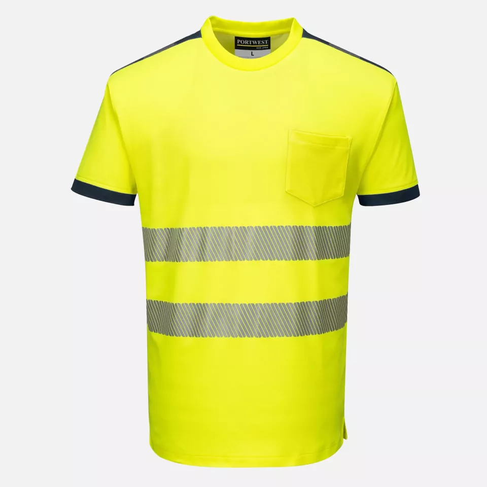 Portwest T181YNR, PW3 Hi-Vis Cotton Comfort T-Shirt S/S, Yellow/Navy, image 1, gallery thumbnail