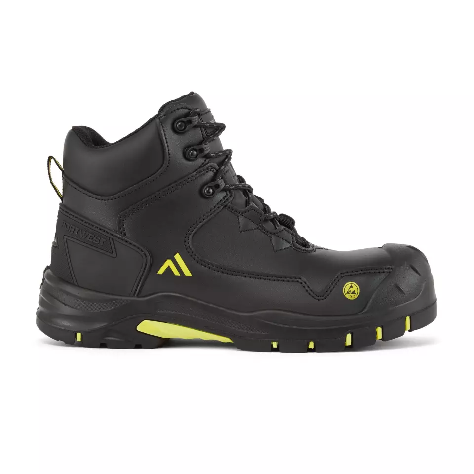 Portwest FC18BKY, Composite Action Leather Mid Boot S3S ESD HRO SR SC FO, Black/Yellow, image 1, gallery thumbnail