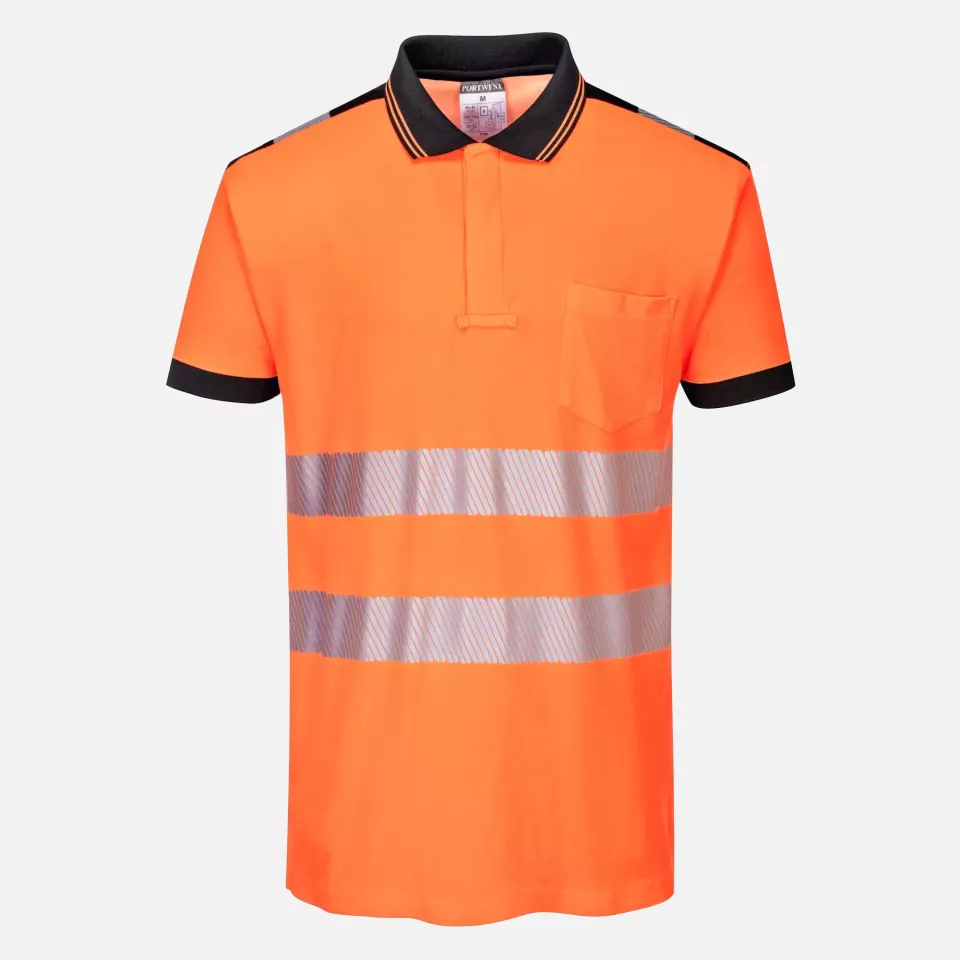 Portwest T180OBR, PW3 Hi-Vis Cotton Comfort Polo Shirt S/S, Orange/Black, image 1, gallery thumbnail