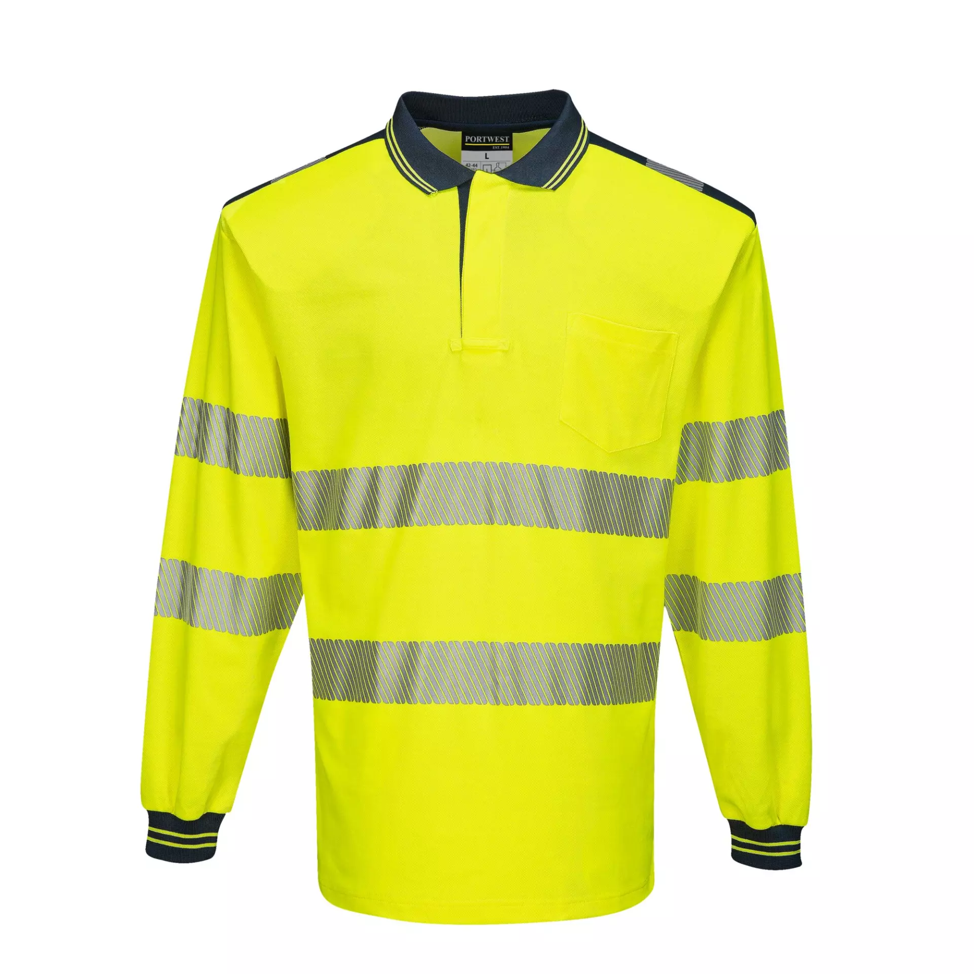 Portwest T184YNR, PW3 Hi-Vis Cotton Comfort Polo Shirt L/S, Yellow/Navy, image 1