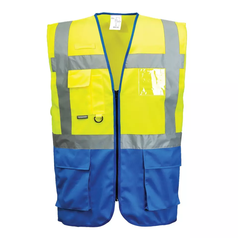 Portwest C476YRB, Warsaw Hi-Vis Contrast Executive Vest, Yellow/Royal, image 1, gallery thumbnail