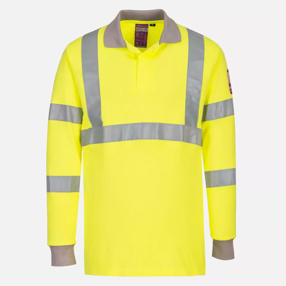 Portwest FR77YER, Modaflame Knit Hi-Vis Anti-Static FR Long Sleeve Polo Shirt, Yellow, image 1, gallery thumbnail