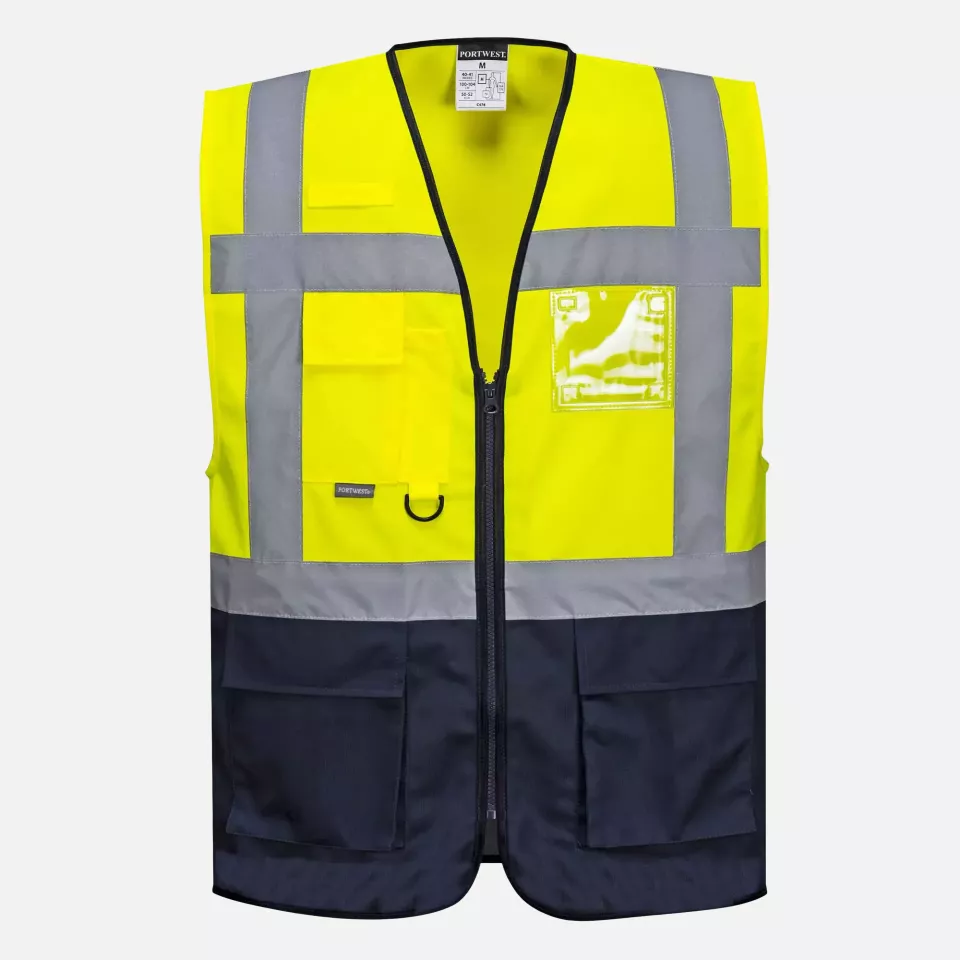 Portwest C476YNR, Warsaw Hi-Vis Contrast Executive Vest, Yellow/Navy, image 1, gallery thumbnail