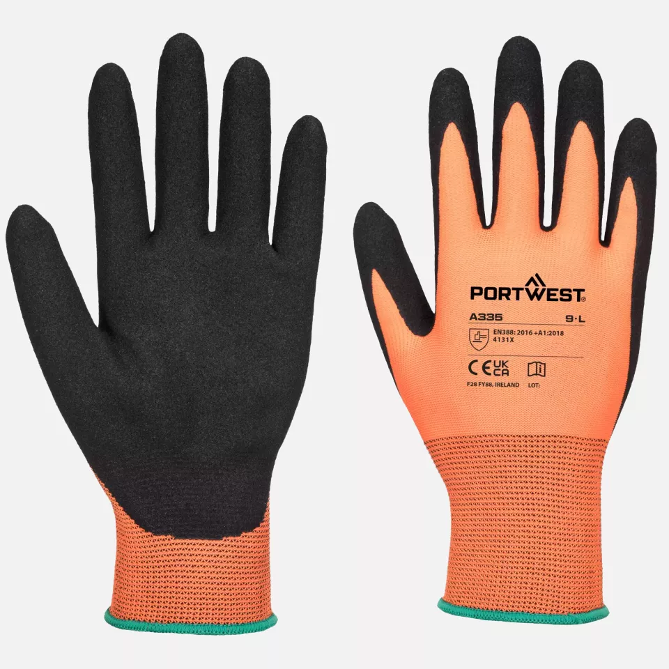 Portwest A335O8R, Dermi-Grip NPR15 Nitrile Sandy Glove, Orange/Black, image 3, gallery thumbnail