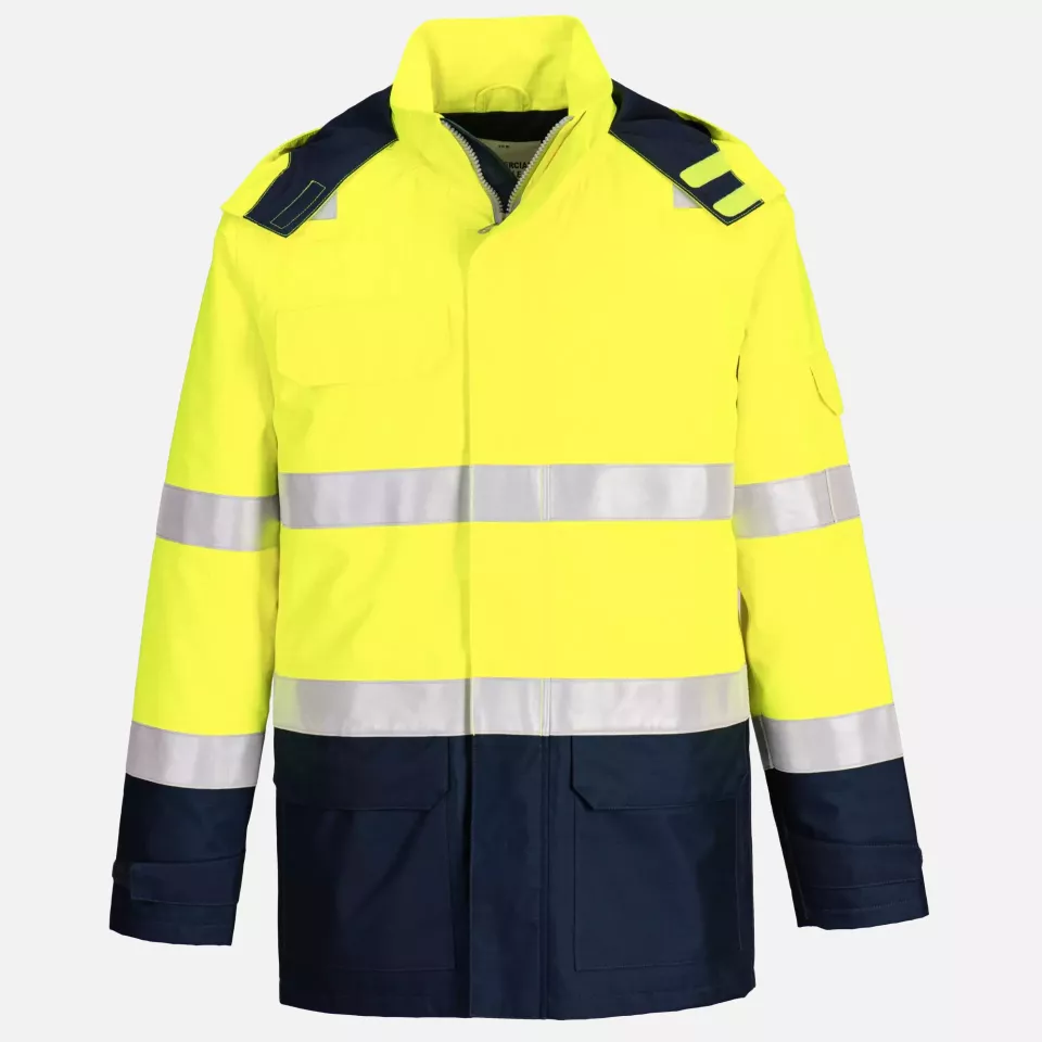 Portwest FR605YNR, Bizflame Rain+ Hi-Vis Light Arc FR Jacket, Yellow/Navy, image 1, gallery thumbnail
