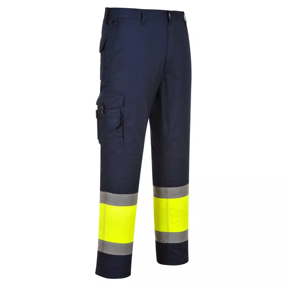 Portwest E049YNR, Hi-Vis Contrast Class 1 Service Trousers, Yellow/Navy, image 1, gallery thumbnail