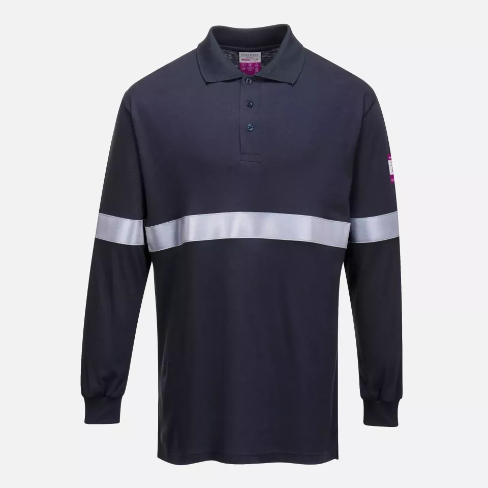 Portwest FR03NAR, Modaflame Knit Anti-Static FR Long Sleeve Reflective Tape Polo Shirt, Navy, image 1, gallery thumbnail