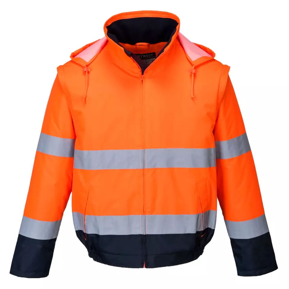 Portwest C464ONR, Hi-Vis 2-in-1 Contrast Essential Lite Bomber Jacket, Orange/Navy, image 1, gallery thumbnail