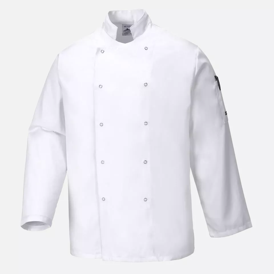 Portwest C833WHR, Chef's Suffolk Studded Jacket L/S, White, image 1, gallery thumbnail
