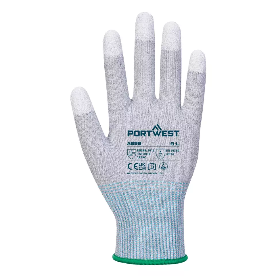 Portwest A698G6R, MR13 ESD PU Fingertip Glove, Grey/White, image 1, gallery thumbnail